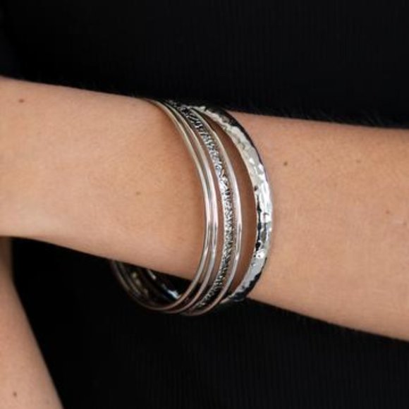 Get Into Gear - Silver - Set of 5 Bangle Bracelets